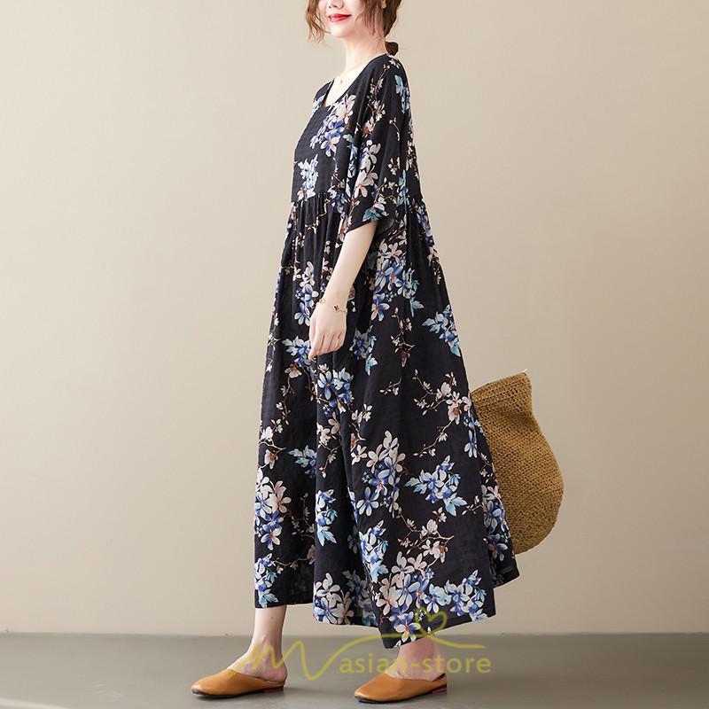 マキシ | マキシワンピース レディース リゾートワンピース 半袖 マキシワンピース ロングワンピース 春夏 黒 旅行用 着痩せ 丸首 体型カバー サイドポケット ぽっちゃり