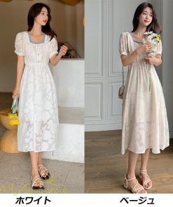 ミディアム | ワンピース レディース 着痩せ スクエアネック 上品 可愛い 半袖 ハイウエスト 透け感 Aラインワンピース 韓国風 20代 お出かけ 通勤通学 30代 きれいめ 40代