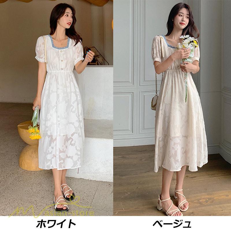 ミディアム | ワンピース レディース 着痩せ スクエアネック 上品 可愛い 半袖 ハイウエスト 透け感 Aラインワンピース 韓国風 20代 お出かけ 通勤通学 30代 きれいめ 40代