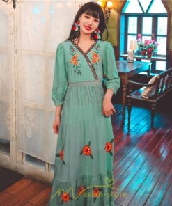 マキシ | ワンピース レディース 長袖 きれいめ ロング丈 マキシ丈 大人 リラックス 花柄 Aライン 着痩せ ハイウエスト リゾート 旅行 Vネック 体型カバー フェミニン