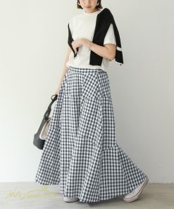 スカート | ロング夏新作 フレア切り替え チェック柄 20代30代 大人 40代50代 可愛い 60代 ゆったり 広い裾 ウエストゴム 6色 春 ダンス舞台 綿 春夏 秋