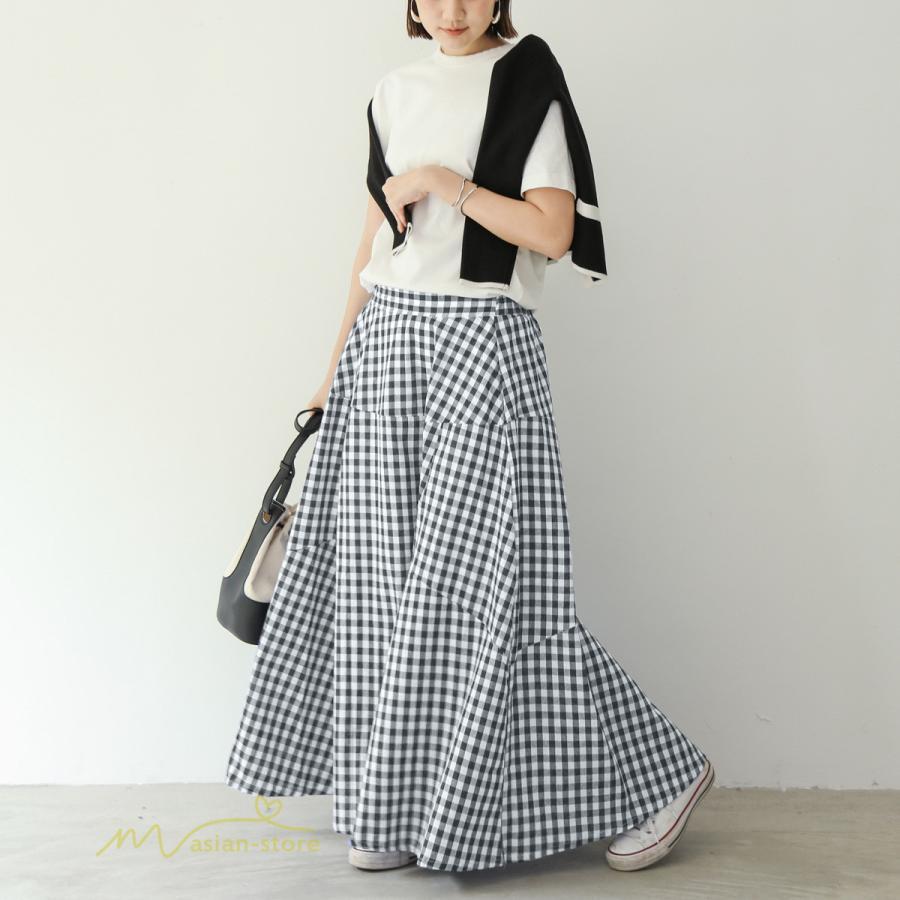 スカート | ロング夏新作 フレア切り替え チェック柄 20代30代 大人 40代50代 可愛い 60代 ゆったり 広い裾 ウエストゴム 6色 春 ダンス舞台 綿 春夏 秋