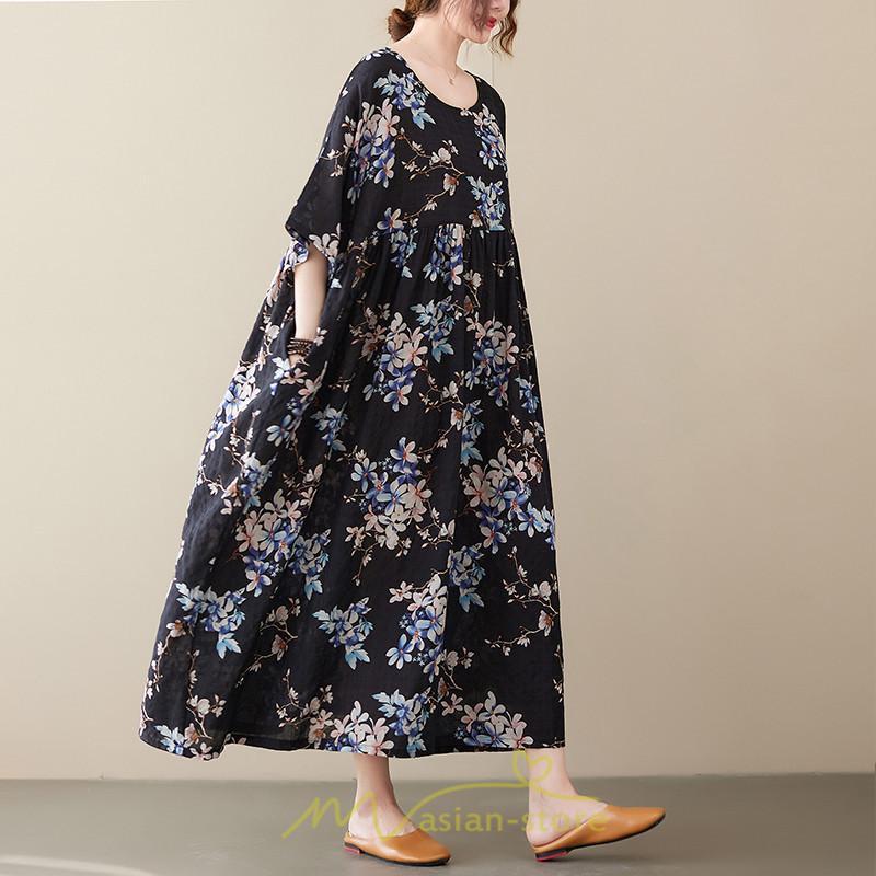 マキシ | マキシワンピース レディース リゾートワンピース 半袖 マキシワンピース ロングワンピース 春夏 黒 旅行用 着痩せ 丸首 体型カバー サイドポケット ぽっちゃり