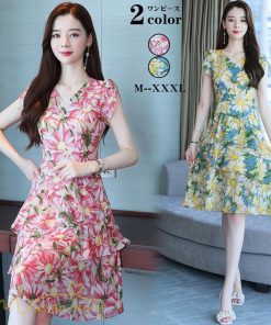ミディアム | ワンピース レディース Vネック 半袖 花柄 おしゃれ Aライン ミディアムワンピース 着やせ エレガント 大きいサイズ 上品 膝丈 20代 30代 大人 40代