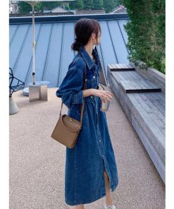 マキシ | デニムワンピース 秋 レディース ジャケット 羽織り ワンピース 長袖 腰着痩せ 女性美シルエット デニム 30代40代50代 ロング丈 オフィス 無地 秋コーデ