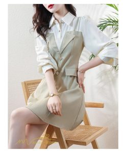 ミニ丈 | 切り替えワンピース 秋 レディース フェイク レイヤード風 ミニワンピース 膝上丈 Aラインワンピース オフィス 可愛い フォーマル エレガント シャツカラー 大人