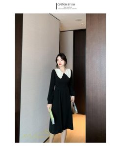 ミディアム | Aラインワンピース 秋コーデ レディース 長袖 膝丈ワンピース 腰リボン付き 美ライン シルエット 無地 フォーマル お呼ばれ 大人 オフィス 黒ワンピース