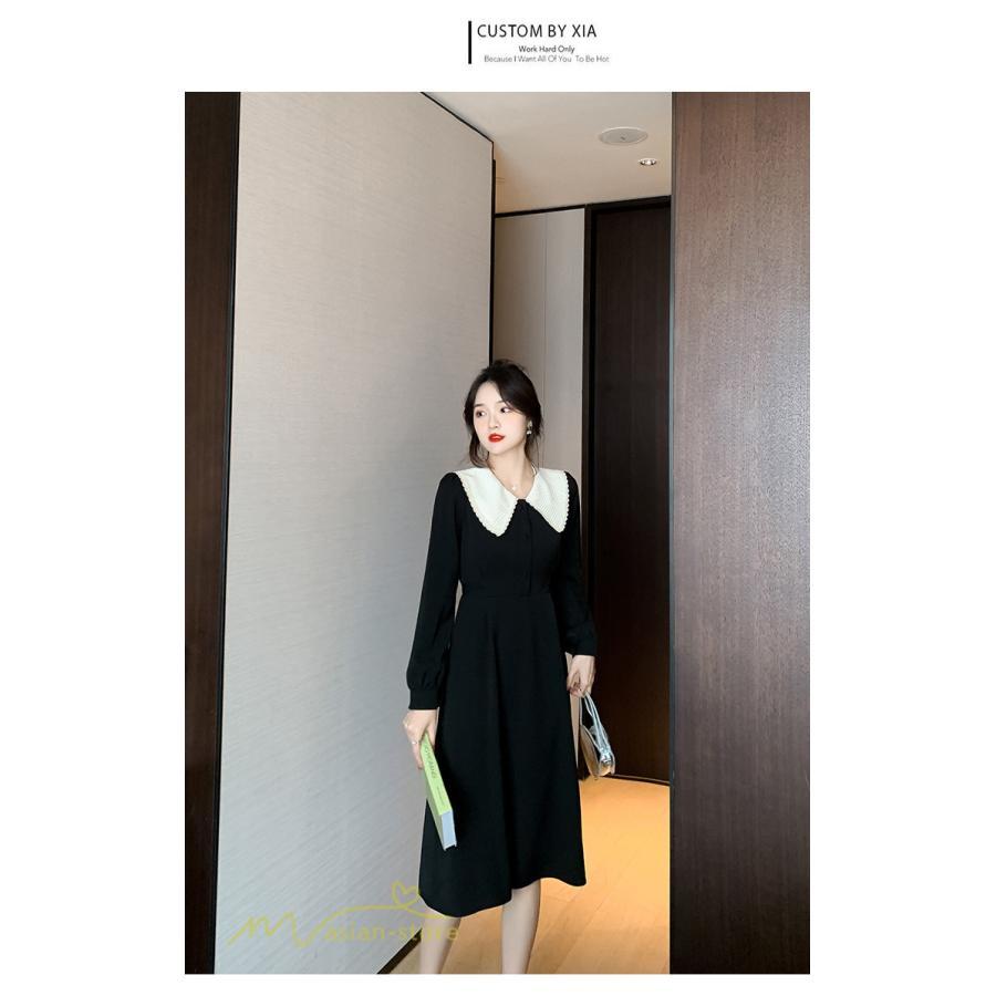 ミディアム | Aラインワンピース 秋コーデ レディース 長袖 膝丈ワンピース 腰リボン付き 美ライン シルエット 無地 フォーマル お呼ばれ 大人 オフィス 黒ワンピース