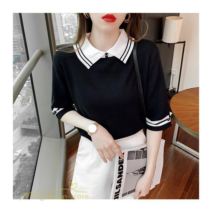 tシャツ・カットソー | レディース トップス Tシャツ 着痩せ ニット きれいめ 女性着 ポロ 着回し 学院風 5分袖 可愛い 配色切替 上品 サマー風 20代 アウトドア 夏コーデ 新作 人気
