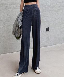 ワイドパンツ | ハイウエスト プリーツパンツ レディース ロングパンツ 着やせ ウエストゴム ボトムス ストレートパンツ