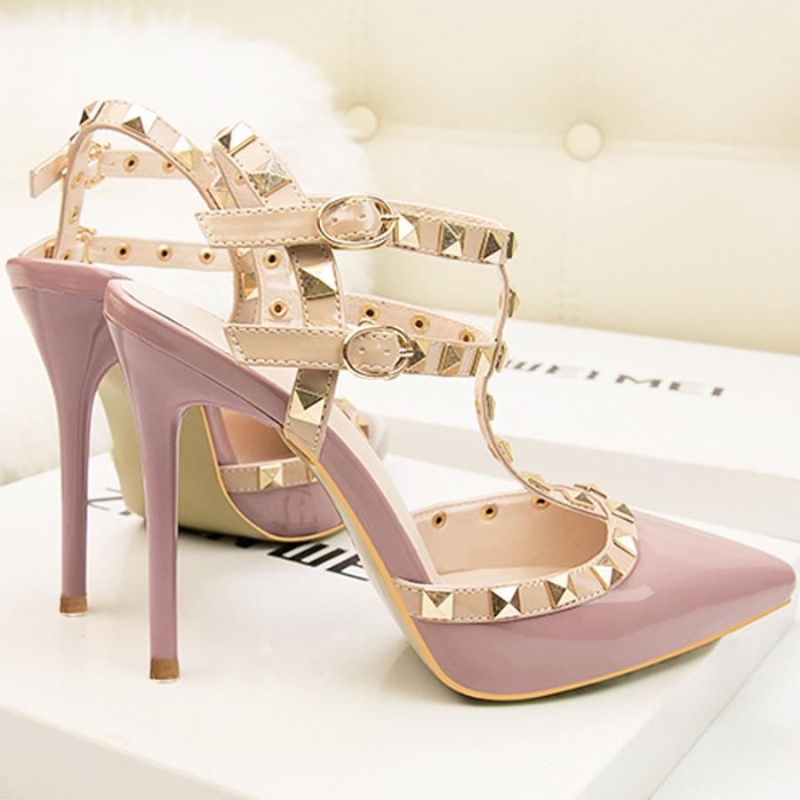 サンダル | ハイヒール キャバパンプス レディース パーティー アンクルストラップ結婚式靴 スタッズpumpsポインテッドトゥ サンダルパンプス