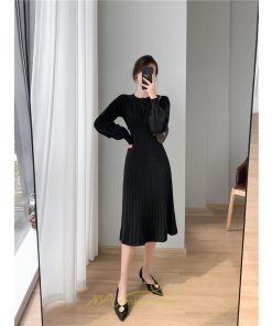 ニットワンピース | レディース 冬 きれいめ ロング おしゃれ 秋冬 長袖 送料無料 着痩せ 無地 通勤 提灯袖 可愛い パフスリーブ 20代30代40代50代