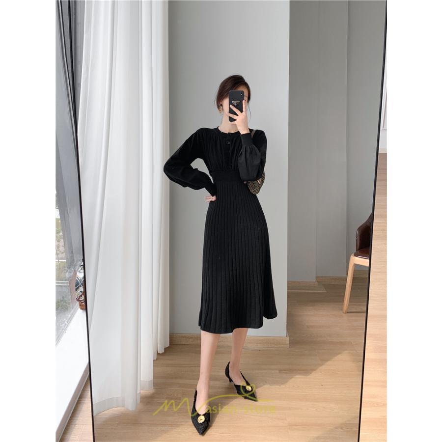 ニットワンピース | レディース 冬 きれいめ ロング おしゃれ 秋冬 長袖 送料無料 着痩せ 無地 通勤 提灯袖 可愛い パフスリーブ 20代30代40代50代