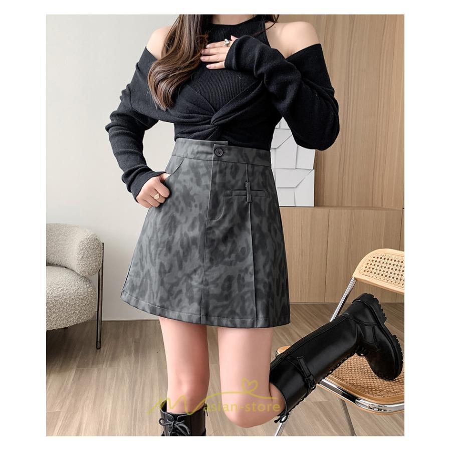 スカート | ミニレザーレディース タイト 秋 冬 ヒョウ柄 Aライン ハイウエスト おしゃれ 新作 可愛い フェイクレザー 着痩せ オシャレ