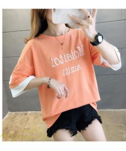 ｔシャツ・カットソー | ワイドTシャツ レディース ロング丈 5分袖 刺繍 韓国風 重ね着風 丸首 Tシャツ トップス 着痩せ 細身 カジュアル 人気 日常 上品 2021 アウトドア 夏新作 薄手