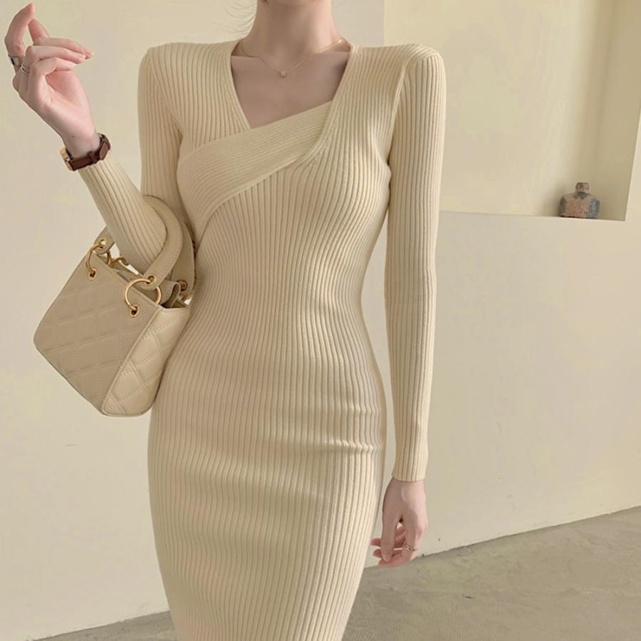ワンピース | タイト ニットクロスネック