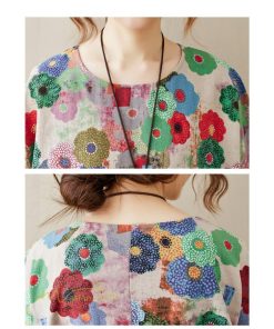 ミディアム | ミディアムワンピース レディース 膝丈 ゆるワンピース 花柄 きれいめ フリーサイズ ゆったり 半袖 麻 綿 リネン 女性着 きれいめ コットン クルーネック 着回し