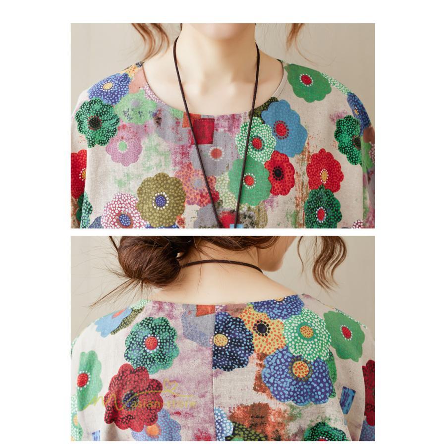 ミディアム | ミディアムワンピース レディース 膝丈 ゆるワンピース 花柄 きれいめ フリーサイズ ゆったり 半袖 麻 綿 リネン 女性着 きれいめ コットン クルーネック 着回し