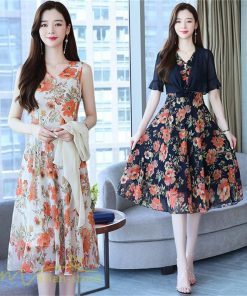 ミディアム | ワンピース レディース 花柄 着痩せ きれいめ おしゃれ 夏 サマーワンピース 膝丈 大きいサイズ 通勤 肩マント ミディアムワンピース お出かけ 気質 二点セット