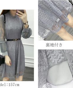 ワンピース | 総レース パーティードレス スカラップ ベルト付き パフスリーブ フレアワンピ 披露宴 レディース 透け感