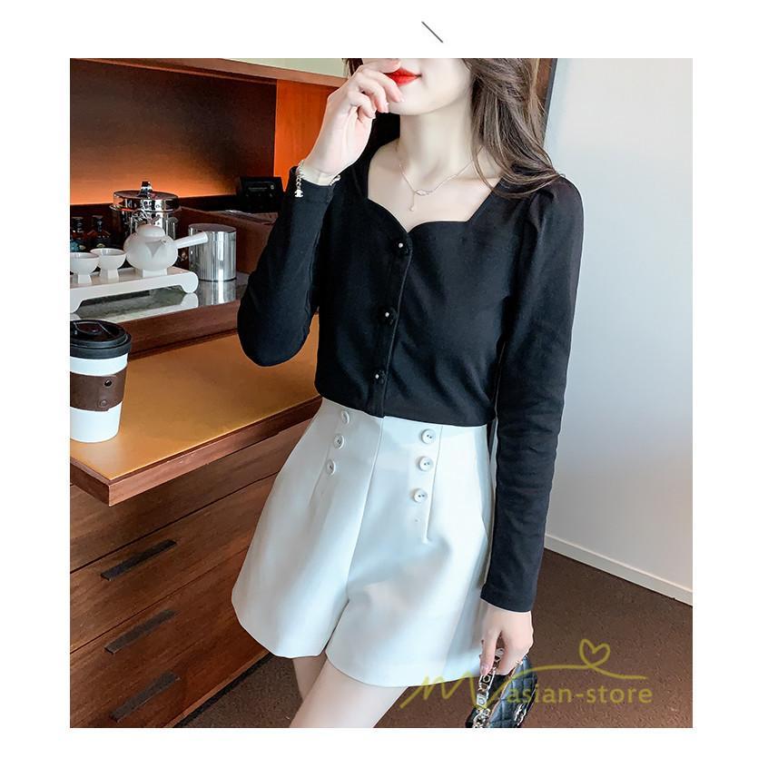 tシャツ・カットソー | ショート丈Tシャツ レディース 長袖Tシャツ カットソー タイト スリム 無地 トップス 綿 秋物 可愛い 小さい 通学通勤 20代30代 インナー 綿Tシャツ