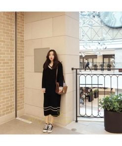 在庫ある | 短納期ロングニットワンピース ロングワンピ カットソー 長袖 トップス Vネック ゆったりセーターニット 体型カバー OL ストレートニットワンピ 通学通勤