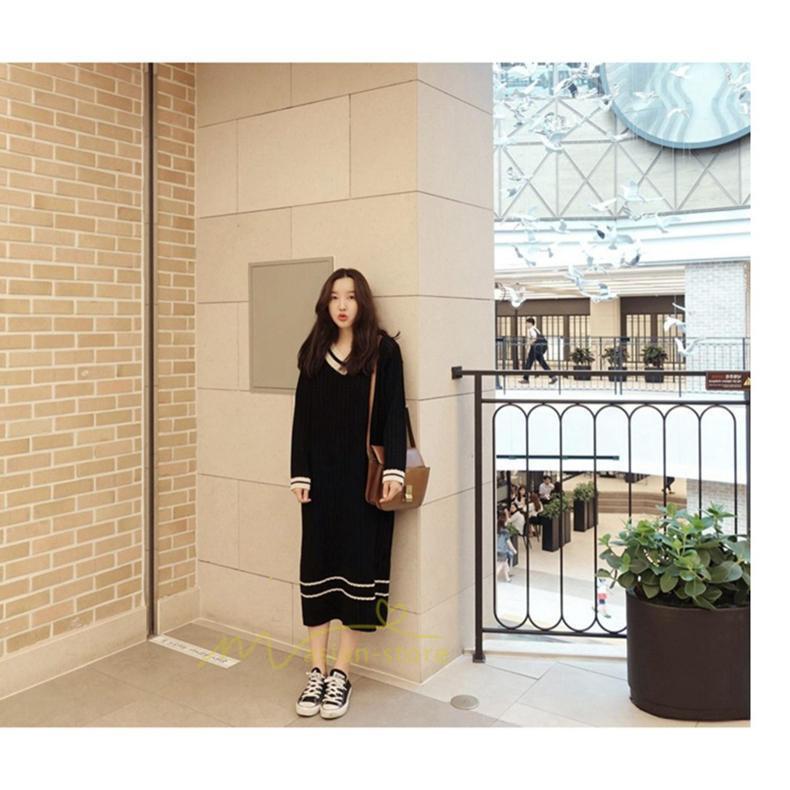 在庫ある | 短納期ロングニットワンピース ロングワンピ カットソー 長袖 トップス Vネック ゆったりセーターニット 体型カバー OL ストレートニットワンピ 通学通勤