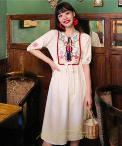 マキシ | ワンピース レディース 刺繍 綿麻 レトロ調 インスタ映え ナチュラル エスニック風 民族風 ボヘミアン 柔らかい SNS映え リゾート 赤 黄色 撮影 白