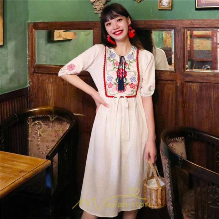 マキシ | ワンピース レディース 刺繍 綿麻 レトロ調 インスタ映え ナチュラル エスニック風 民族風 ボヘミアン 柔らかい SNS映え リゾート 赤 黄色 撮影 白