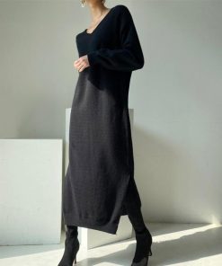 ニットワンピース | ワンピース 秋冬 ロングワンピース ミモレ丈 無地 ゆったり 体型カバー 柔らか 大人 長袖 20代30代 セーター Vネック アウター ニット 50代