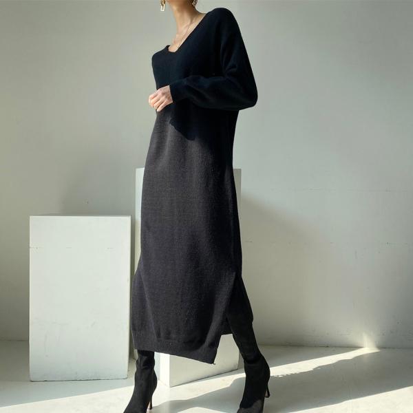 ニットワンピース | ワンピース 秋冬 ロングワンピース ミモレ丈 無地 ゆったり 体型カバー 柔らか 大人 長袖 20代30代 セーター Vネック アウター ニット 50代