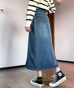 スカート | 秋デニムレディース 秋物 ロングミモレ丈 フロントスリット入れ ポケットあり スリム ストレート 無地 ボトムス キレイめ デニム お洒落
