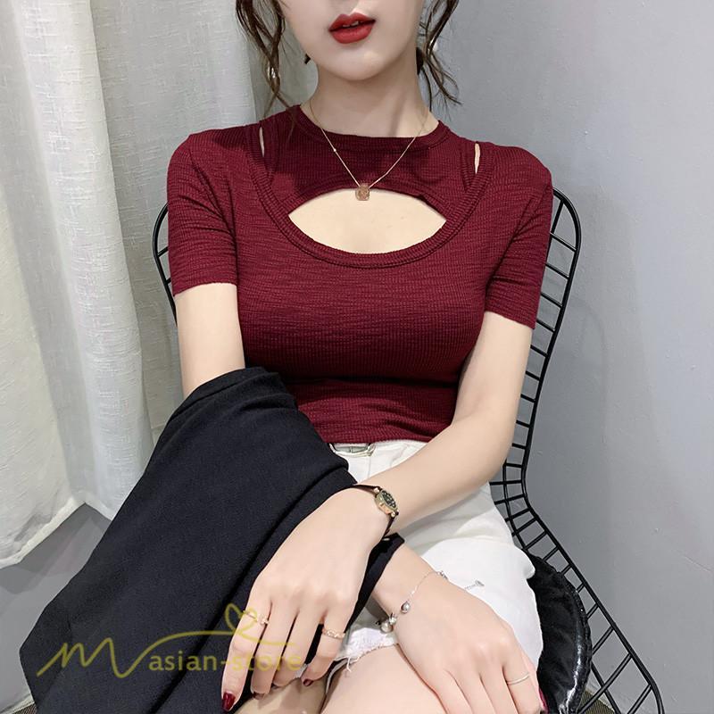 tシャツ・カットソー | カットソー 夏物 レディース 着痩せ トップス Tシャツ 透かし編み セクシー 女性着 着回し 無地 タイト きれいめ お出かけ 夏コーデ 半袖 フェミニン アウトドア