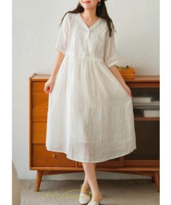 ミディアム | ワンピース レディース 夏新作 半袖 五分袖 ミモレ丈 刺繍 無地 Aラインワンピース ギャザー ゆったり Vネック ウエストリボン付き 調整可 40代 綿麻 30代