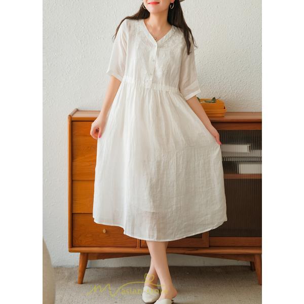 ミディアム | ワンピース レディース 夏新作 半袖 五分袖 ミモレ丈 刺繍 無地 Aラインワンピース ギャザー ゆったり Vネック ウエストリボン付き 調整可 40代 綿麻 30代