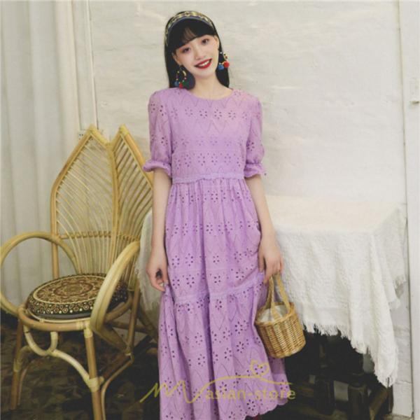 マキシ | ワンピース 夏 レース 半袖 ロングワンピ ワンピ ロング丈ワンピース ロングワンピース 無地 可愛い ナチュラル きれいめ 外出 大人 お出かけ かわいい 着痩せ