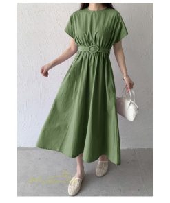 マキシ | 夏ワンピース ロングワンピース フレア 無地 半袖 ベルト付き Aラインワンピース レディース ワンピ 可愛い 体型カバー 大きいサイズ ゆったり カジュアル