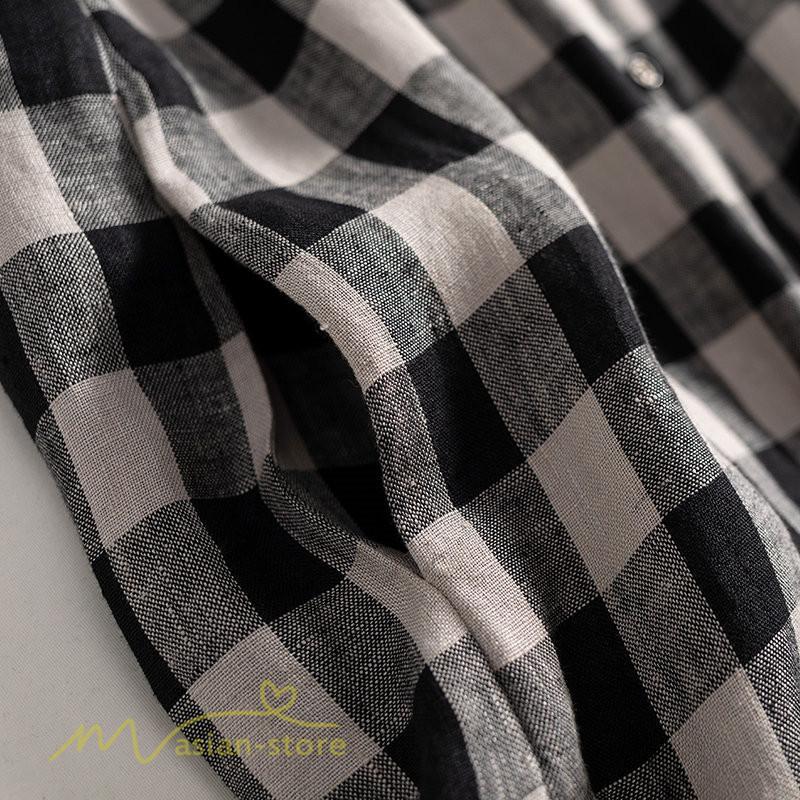 送料無料SALE | チェックワンピース 半袖ワンピース 夏ワンピース シャツワンピース ロングシャツ 膝上丈 麻 羽織り 前開き ポケット 30代40代 可愛い スリム 女の子