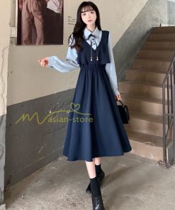 マキシ | ロングワンピース 秋物 レディース ミモレ丈 Aラインワンピース 切り替え フェイク レイヤード風 お呼ばれワンピース 30代40代 着やせ シャツカラー 重ね着風