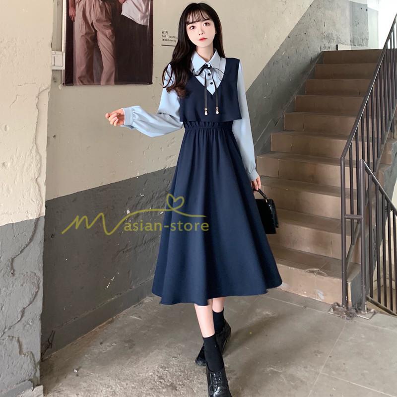 マキシ | ロングワンピース 秋物 レディース ミモレ丈 Aラインワンピース 切り替え フェイク レイヤード風 お呼ばれワンピース 30代40代 着やせ シャツカラー 重ね着風