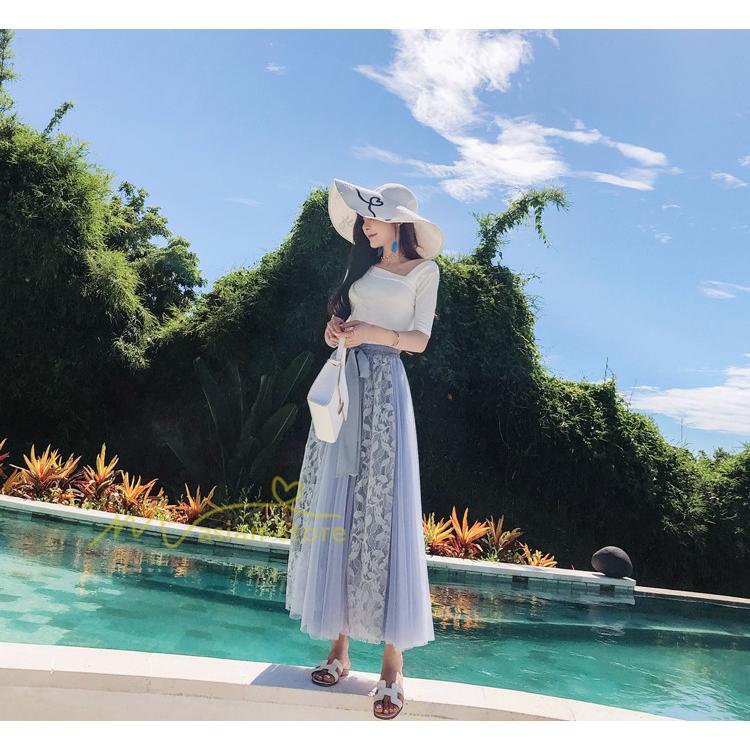 スカート | フレア チュールレディース ロングウエストゴム 春夏 リボン マキシ ドッキング 20代30代40代 着痩せ カジュアル お出かけ