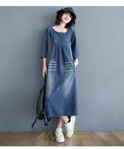 デニムワンピース | ワンピース レディース 夏 ロング丈 春 秋 七分袖 切り替え 大きいサイズ ゆったり 人気 体型カバー 20代30代40代 送料無料 着痩せ