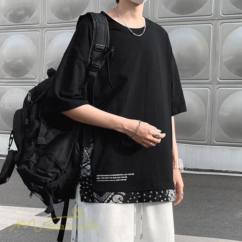 Tシャツ | Tシャツ メンズ 半袖 重ね着風 カジュアル半袖tシャツ 夏新作 メンズスタイル カットソー 上品 切り替え 2XL 大きいサイズ クルーネック 黒 白