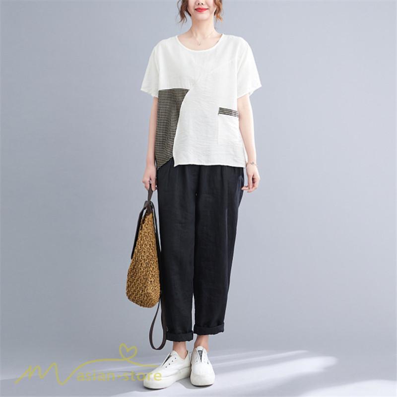 tシャツ・カットソー | tシャツ カットソー レディース 切り替え 女性着 シンプル カジュアル フリーサイズ ゆったり 夏新作 おしゃれ 半袖 チェック柄 黒 半袖tシャツ 丸首 白