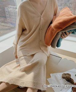 セットアップ | ニットレディース ニットカーディガン ニットスカート ウエストゴム 羽織りニット ダメージ加工 秋冬 長袖 ミモレ丈 無地