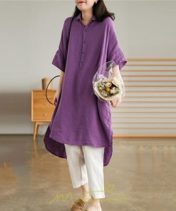 送料無料SALE | ワンピース 夏シャツ レディース 五分袖 シャツワンピース 綿麻 無地 プルオーバー 体型カバー ゆったり 大きめ 夏服 ポケット 30代40代 膝丈 おしゃれ 前後差