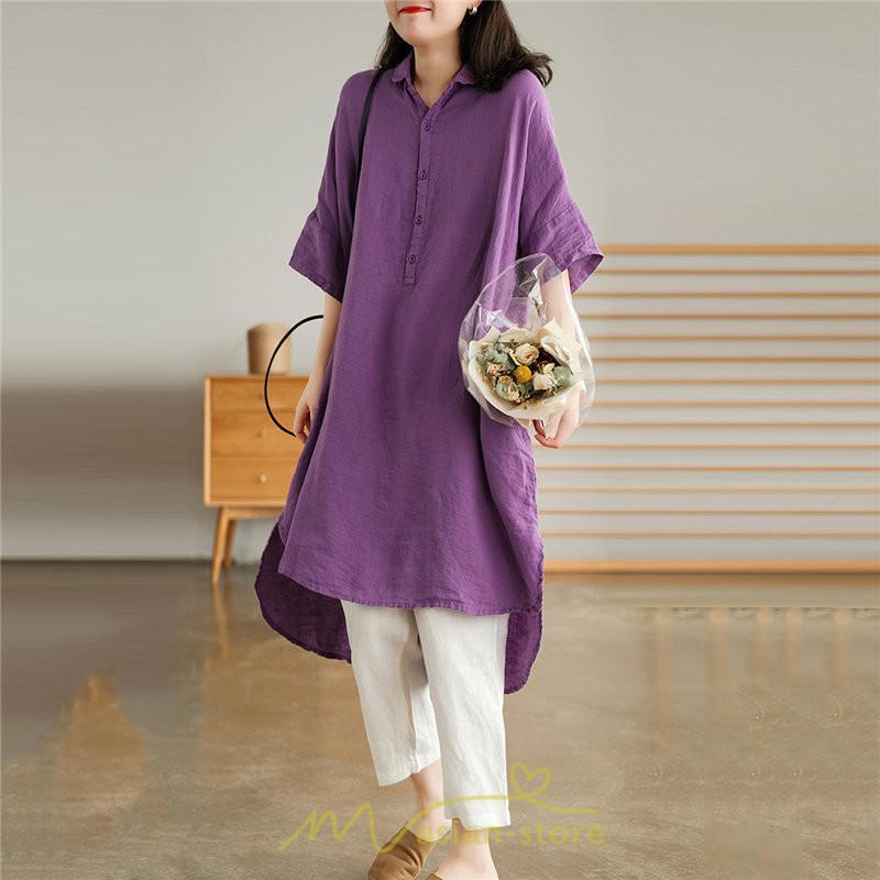 送料無料SALE | ワンピース 夏シャツ レディース 五分袖 シャツワンピース 綿麻 無地 プルオーバー 体型カバー ゆったり 大きめ 夏服 ポケット 30代40代 膝丈 おしゃれ 前後差