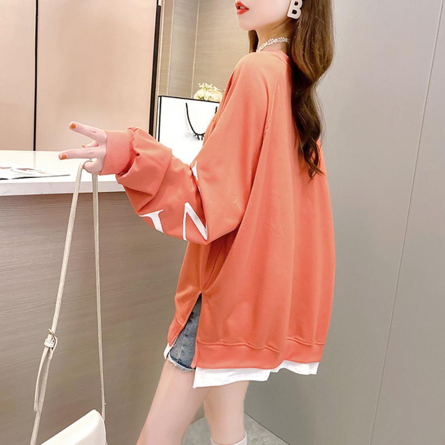 パーカ | カジュアル体型カバー レディース 韓国風 トップス ゆったり パーカートレーナー 長袖 スウェット チュニックロンT レイヤード風