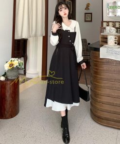 マキシ | ロングワンピース 秋物 レディース ミモレ丈 Aラインワンピース 黒白 フェイク レイヤード風 重ね着風 30代40代 シャツカラー お呼ばれワンピース 50代 着やせ