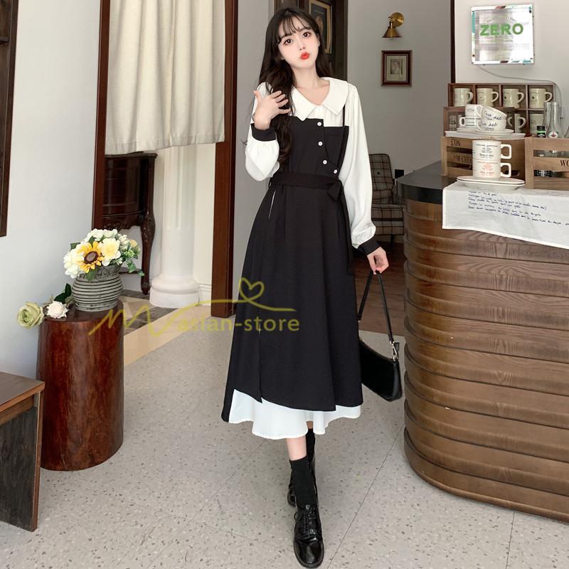 マキシ | ロングワンピース 秋物 レディース ミモレ丈 Aラインワンピース 黒白 フェイク レイヤード風 重ね着風 30代40代 シャツカラー お呼ばれワンピース 50代 着やせ